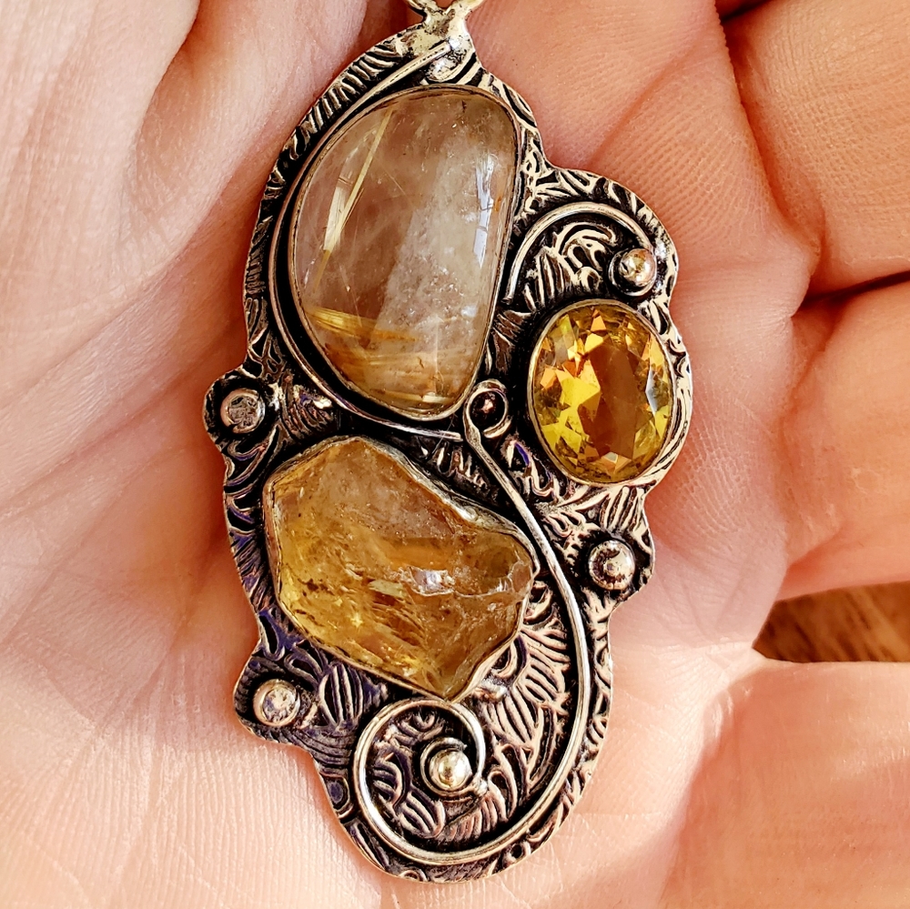 New Natural Citrine & Golden Rutile 925 Silver Pendant.